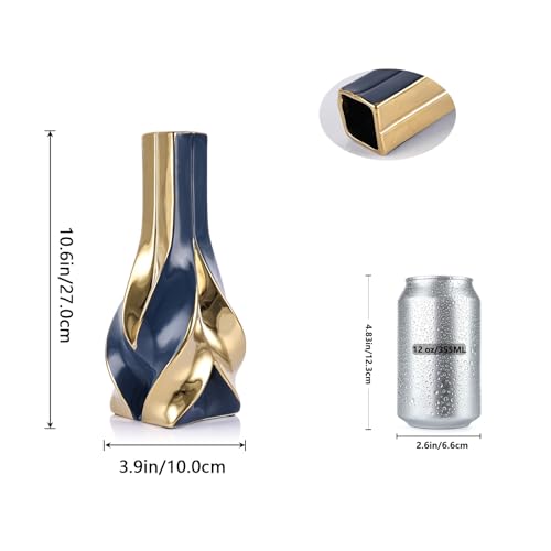 10.6" Blue and Gold Ceramic Vase, Modern Geometric Flower Vase for Dining Table Centerpiece, Elegant Decorative Vase for Pampas Grass, Living Room, Bedroom, Office, Tabletop Decoration - color: Blue Gold
