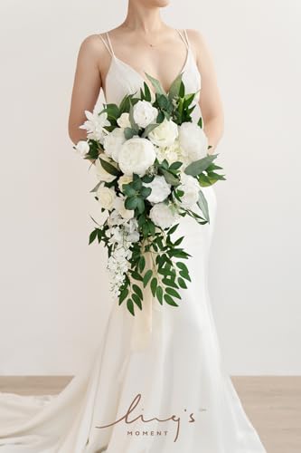 Ling's moment White Bridal Bouquet Cascading, Ivory Wedding Bouquets for Bride, 15 Inch Bride Bouquets for Wedding Artificial Flowers Bouquets - color: Wht-white & Ivory, size: Medium 15 Inch