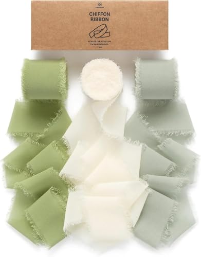 Vitalizart Sage Green Handmade Chiffon Silk Ribbon Fringe 1.5" x 21 Yd Frayed Edges Ribbons for Wedding Invitations Bridal Bouquets Gifts Wrapping Crafts Holiday Party Decorations - color: Dusty Green & Cream