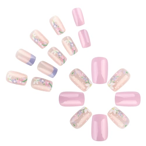 Flower Press on Nails Short Square Fake Nails Nude False Nails with Embossed Flowers Designs Glossy Full Cover Dots Stick on Nails Glue on Nails Spring Acrylic Nails for Women Girls 24 Pcs - color: Flower Square24