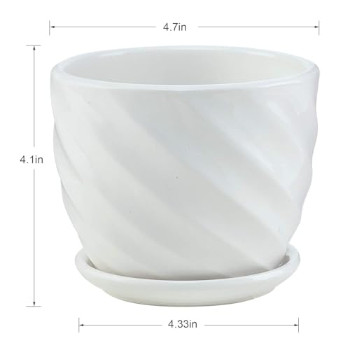 sietpoek Plant Pots - 4.7 Inch Cylinder Ceramic Planters with Connected Saucer, Pots for Succuelnt and Little Snake Plants, Set of 4, White - size: 4.7 Inch