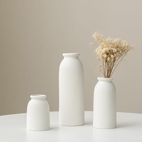 Ceramic Vase Set-3, Small Flower Vases for Decor, Modern Boho Farmhouse Style, Decorative Vases for Pampas Grass & Dried Flowers, Distressed Finish (White) - color: White
