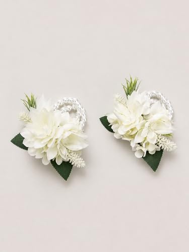 Rinlong 2Pcs White Wrist Corsage for Wedding, Prom, Homecoming | Bridesmaid Wristlet, Mother of the Bride Flower Corsage - color: 05-white