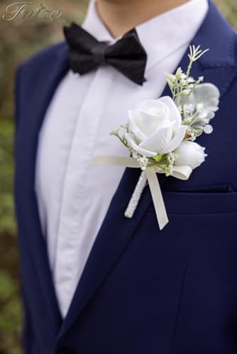 Fnize White Boutonniere for Men, 6 Pcs Groom Groomsmen Boutonnieres, Artificial Flowers for Wedding Prom Homecoming - color: White