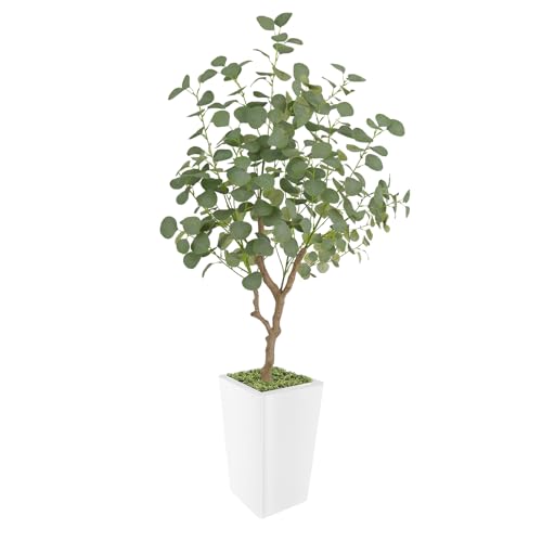 Artificial Eucalyptus Tree 5FT, Faux Eucalyptus Tree with Tall White Planter, Realistic Leaves & Natural Wood Trunk, Ideal for Home Decor and Housewarming Gift - size: 5ft