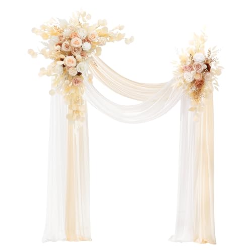 Deluxe Wedding Arch Flowers with Drapes Kit Pack of 4, 2pcs Champagne & White Eucalyptus Hanging Silk Flowers Arrangement 2pcs Chiffon Drapes for Ceremony Arbor Party Outdoor Decor - color: Champagne & White Eucalyptus