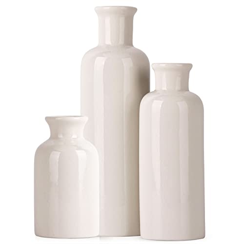 White Ceramic Vase Set - 3 White Small Vases, Farmhouse Country Flower Vase Home Decor, Living Room Decoration, Table Decoration, Fireplace Decor, and Entrance Decorations Centerpieces - color: Crack White