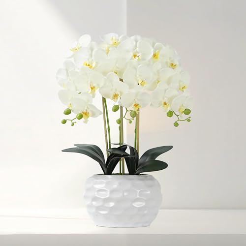 Orchid Artificial Flowers with White Vase Large Silk Faux Phalaenopsis Flowers for Dining Room Table Floral Centerpieces Indoor Decoration,White - color: 1332-white