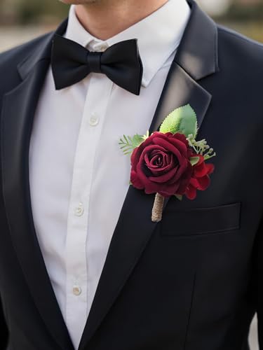 Burgundy Rose Corsage and Boutonniere Set Wristlet Corsage for Bride Bridesmaids, Boutonniere for Groom Groomsmen Prom Wedding Flowers Accessories,Homecoming, Anniversary, Graduation (Burgundy) - color: Burgundy