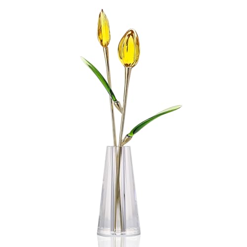 LONGWIN Crystal Tulips Flower Figurine Collectible with Vase Glass Spring Bouquet Flowers with Stem Home Decor Gift for Women Mom - color: Long - Gold