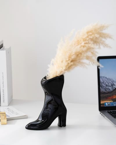 Ceramic Boot Vase for Modern Home Decor,7.9" High Heel Bootie Flower Vase,Quirky Funky Aesthetic Room Decor,Trendy Coffee Table Centerpiece for Women(Black) - color: Black