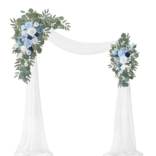 Artificial Wedding Arch Flowers Kit(Pack of 3),2Pcs Artificial Flower Arch Decor,1Pcs Sheer Drape for Wedding Ceremony Arbor for WeddingCeremony (Blue) - color: Blue