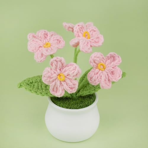 Blync Knitting Crochet Flowers Potted Plants, Fake Forget Me Not Flowers for Friends, Family and Lover, Artificial Handmade Flowers for Valentines Birthday Wedding Gift and Home Decor (Pink) - color: Pink
