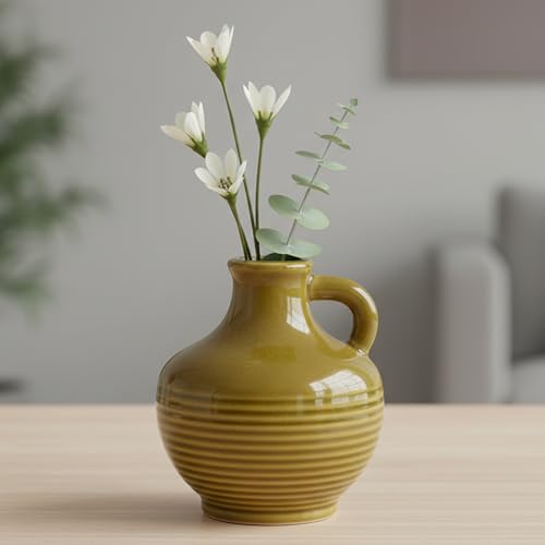 Sunddo Brown Ceramic Vase 6 Inch - Small Rustic Decorative Vase with 1 Handle for Farmhouse Home Decor, Shelf, Bathroom, or Coffee Table - color: Brown - 6, size: 6 Inch