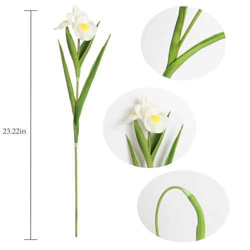 Iris Flowers Artificial 6 PCS Real Touch Flowers 23.22 in Long Stems White Iris Artificial for Wedding Bridal Home Kitchen Party Décor(White) - color: White