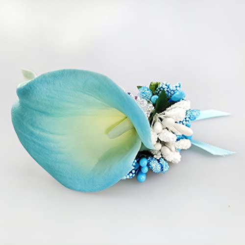 Ciandid Calla Lily Boutonnieres Set of 6, Groom Groomsman Best Man Boutonniere, Handmade Silk Flower for Wedding Ceremony Anniversary (Calla Lily-Blue, 6pcs) - color: Turquoise