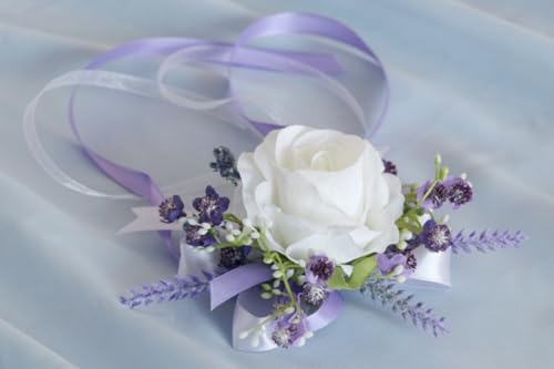 Ting & Cecilly Lavender Rose Wrist Corsage Wristlet Band Bracelet and Men Boutonniere Set for White Wedding Flower Accessories Prom Suit Decorations