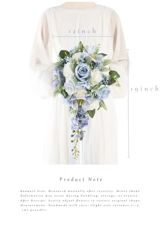 12 Inch Cascade Wedding Bouquets for Bride, Dusty Blue & White Cascading Bridal Bouquet for Wedding Silk Artificial Flowers - color: Dusty Blue & White