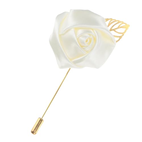 M METERXITY 1-Pack Flower Lapel Pins for Men, Golden Leaf Rose Boutonnieres Pin Groom Boutonnieres for Wedding/Dance/Party, Men Lapel Pins for Suits Satin Flower Corsage [Cream White] - color: Cream White