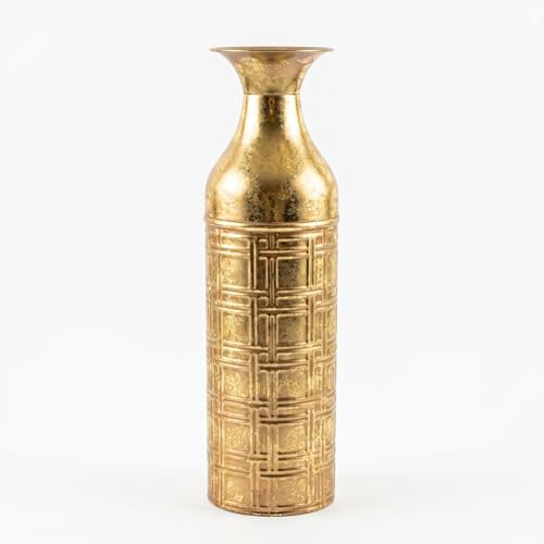 Hosley 16" Distressed Gold Etched Metal Flower Vase Metallic Cylinder Centerpiece with Geometric Grid Pattern for Home Decoration Floral Arrangements - color: Antique Gold, size: 16" High