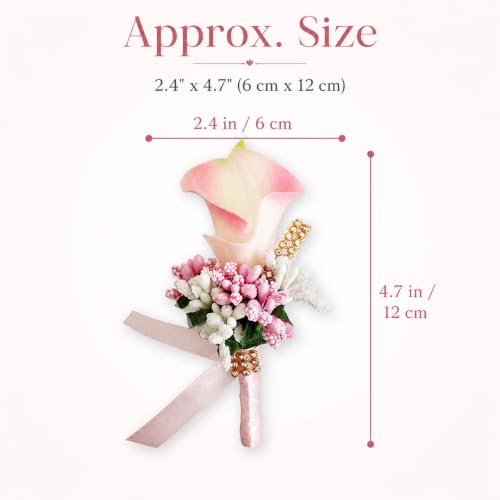 ChezMax Calla Lily Pink Boutonniere Handmade Silk Flower with Ribbon Corsage for Bride Groom Wedding Party 6 Packs - color: B-pink Boutonniere-6 Pcs