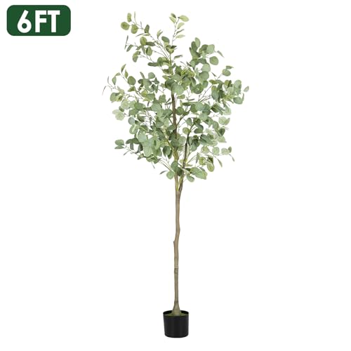 Artificial Eucalyptus Tree,6Ft Tall Fake Potted Tree Silk Faux Eucalyptus Tree with Plastic Nursery Pot, Artificial Plants for Home Office Indoor Decor - size: 6ft