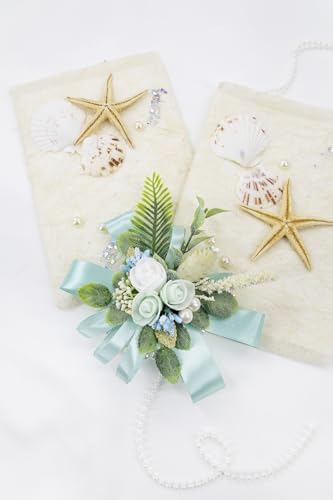 Turquoise White Corsage and Boutonniere Set Wrist Corsage Wristlet for Prom Groom Flower Boutonniere for Men Wedding Party Homecoming Accessories Suit - color: Turquoise White