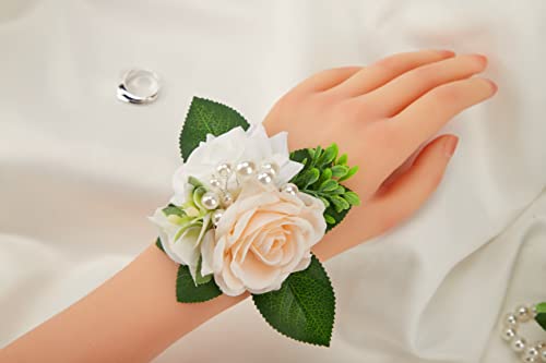 White & Champagne Silk Wrist Corsages Set 6Pcs for Women Wedding | Faux Artificial Flowers With Pearl Wrist, Ideal for Prom Party Homecoming Ceremony Anniversary - color: White&champagne Rose