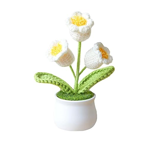 Crochet Flowers Artificial,Small Potted Knitted Orchid of The Bell Flowers for Car Dashboard, Cute Car Crochet Center Console Decoration,Handmade Traditional Home Decoratio(White) - color: White