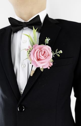 Ansofi Pink Corsage and Boutonniere Set Artificial Rose Flower Wrist Corsage and Boutineers for Groom Groomsmen Bride Bridesmaids Prom Rustic Vintage Wedding Decor - color: Pink