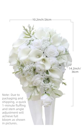 10.2 Inch Cascading Bride Bouquet for Wedding Cascade Artificial White Rose and Calla Lily Flower Waterfall Bridal Wedding Bouquet Rustic Bridal Shower - color: White Rose, Calla Lily & Gypsophila