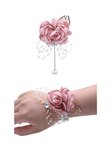 Rose Wedding Wrist Corsage and Boutonniere Set Party Prom Hand Ribbon Flower Suit Decor (Champagne Pink) - color: Champagne Pink