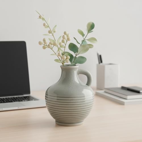 Sunddo Gray Ceramic Flower Vase， 6 Inch Small Modern Boho Vase for Home Decor, Decorative Vases with Handle, Neutral Accent for Minimalist, Table, Living Room, Bathroom, Shelf, Mantel Decor - color: Gray - 6, size: 6 Inch