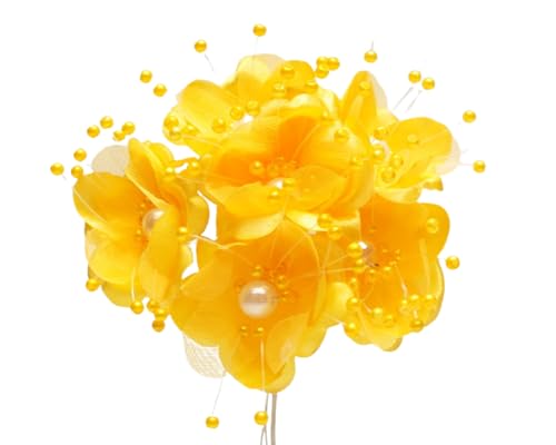 72PC Artificial Silk Pearl Spray Craft Flower for Home Craft Decor DIY Wedding Bridal Veil Headband Dress Cake Topper Embellishment Scrapbook Favor Corsage Floral Bouquet Arrangement (Gold Yellow) - color: Gold Yellow