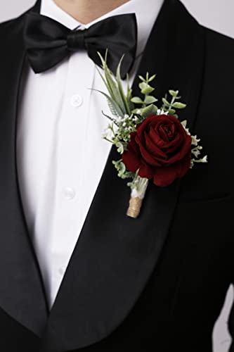 Ansofi Set of 6 Wine Red Boutonniere for Best Men Groom Groomsmen Burgundy Buttonholes for Wedding Party Prom Decoration