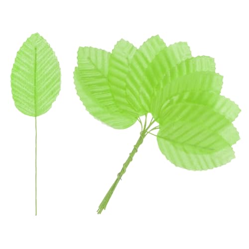 M METERXITY 100-Pack Artificial Silk Leaf, Faux Wire Single Leaves, Fake Flower Leaf with Stem for DIY Bouquet/Wreaths/Wedding/Garland/Party Decorations, Fake Rose Craft Leaves [Grass Green] - color: Grass Green
