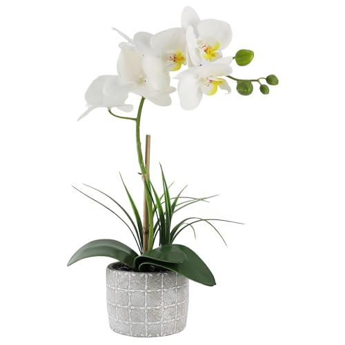 Orchid Artificial Flowers 16" White Fake Orchid Flowers in Gray Ceramic Pot Faux Orchid Plant for Home Decor Office Bathroom Table Centerpiece Indoor(White#2) - color: White