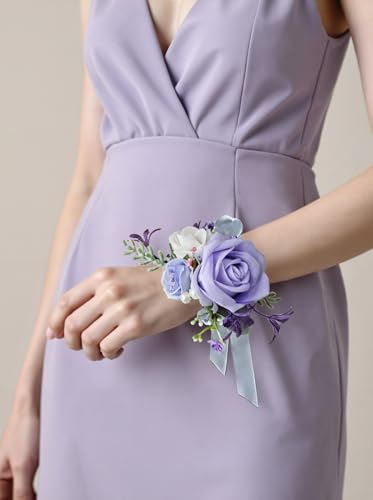 Corsage and Boutonniere Set with Red Roses for Bride, Groom, Bridesmaids Groomsmen Weddings, Proms, Homecomings. Perfect Party Suit Decor Wedding Flowers Accessories (Purple) - color: Purple