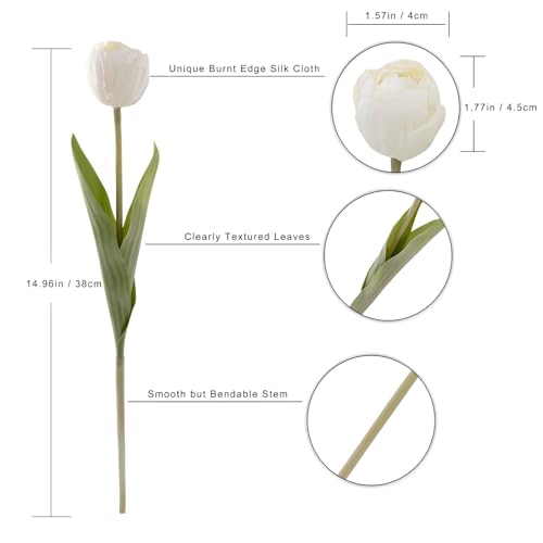 12 Pcs 15 Inch White Silk Artificial Tulips for Home Wedding Decor | Faux Tulips with Realistic Layered Petals for Home Office Decor, Wedding Parties Baby Shower Table Centerpiece - color: White