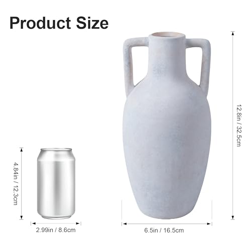 Ceramic Flower Vase with Handles, 12.8 inch Tall Ceramic Vase Farmhouse Rustic Vases Decorative Pottery Vases Large Floor Vase for Home Decor Living Room Table Bookshelf Centerpiece Fireplace, White - color: 12.8 in - White