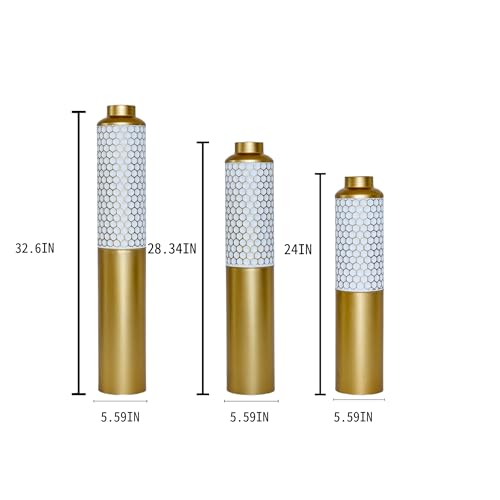 Metal Floor Vases Decorative, Set of 3 Flower Arrangement Stand, Gold＆White Hexagon Metal Floor Vases for Living Room, Bedroom & Entryway, 32.6", 28.34", 24" H (Gold＆White Hexagon) - color: Gold＆white Hexagon