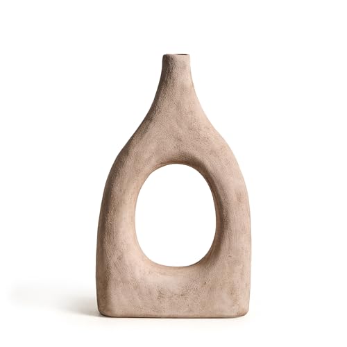 Large Boho Ceramic Floor Vase for Home Decor, Matte Narrow Hollow Vase for Pampas Grass, Minimalist Decorative Centerpiece for Living Room, Entryway, Office (Beige Medium) - color: Beige Medium