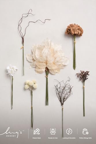 Ling's moment Artificial Greenery Stems Box Set, 48pcs with 7 Kinds of Faux Greenery Picks for DIY Bridal Bouquets Wedding Floral Arrangement Table Centerpieces, Tawny Beige & Sand Beige - color: Brn-tawny Beige & Sand Beige