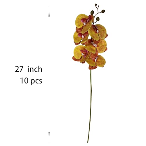 10 Pack Orange Orchid Artificial Flowers Real Touch, 27'' Artificial Fake Faux Silk Orchid Stem Bouquets for Wedding Party Home Garden Decor,Orquideas Artificiales para Decora (excluding the vase) - color: Orange