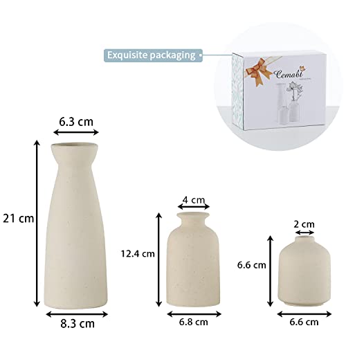 CEMABT Beige Ceramic vase Set-3 Small Flower vases for Decor,Modern Boho Farmhouse Home Decor,Decorative vase for Pampas Grass&Dried Flowers,idea Shelf,Table,Bookshelf ，Entryway- Distressed - color: 3set-beige