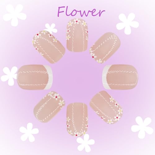 Flower Press on Nails Short Square Fake Nails Nude Pink False Nails with Flowers Border Designs Glossy Stick on Nails Glue on Nails Flower Nails Acrylic Nails for Women Girls 24 Pcs - color: Flower Square19