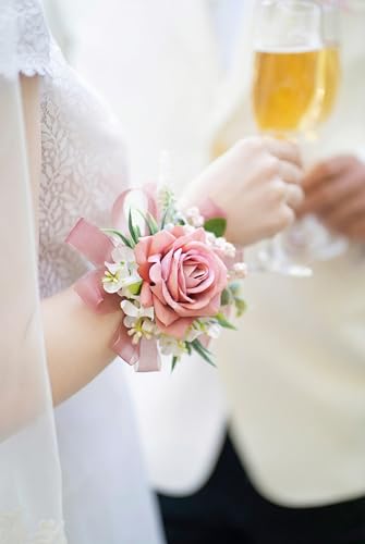 Dusty Rose Corsage and Boutonniere Set, Corsage Wristlet for Women and Boutonniere for Wedding Prom Homecoming, Artificial Rose Flowers Boutonniere and Wrist Corsage - color: Dusty Rose