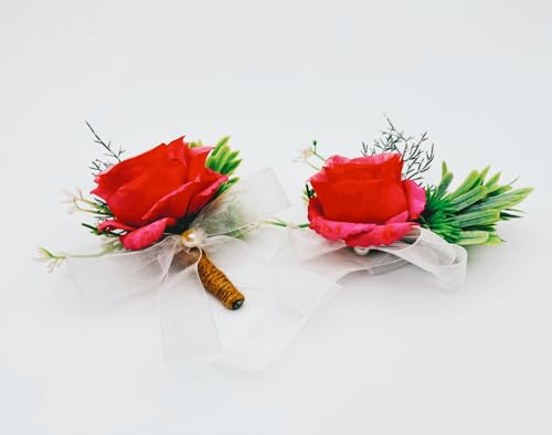 Rikyo Corsage Set, Includes Wrist Corsage and Boutonniere - Red, Handmade Petals Hair Hat Wreath for Wedding, Prom, Party Decor, Handmade Costume Headwear for Women and Men - color: Red