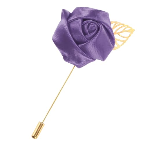 M METERXITY 1-Pack Flower Lapel Pins for Men, Golden Leaf Rose Boutonnieres Pin Groom Boutonnieres for Wedding/Dance/Party, Men Lapel Pins for Suits Satin Flower Corsage [Purple] - color: Purple