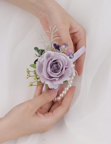 Alizeal 2Pcs of Wrist Corsage and Boutonniere Set, Artificial Flowers Accessories Suit Decor for Wedding Prom Party Homecoming Ceremony, Lavender - color: Lavender